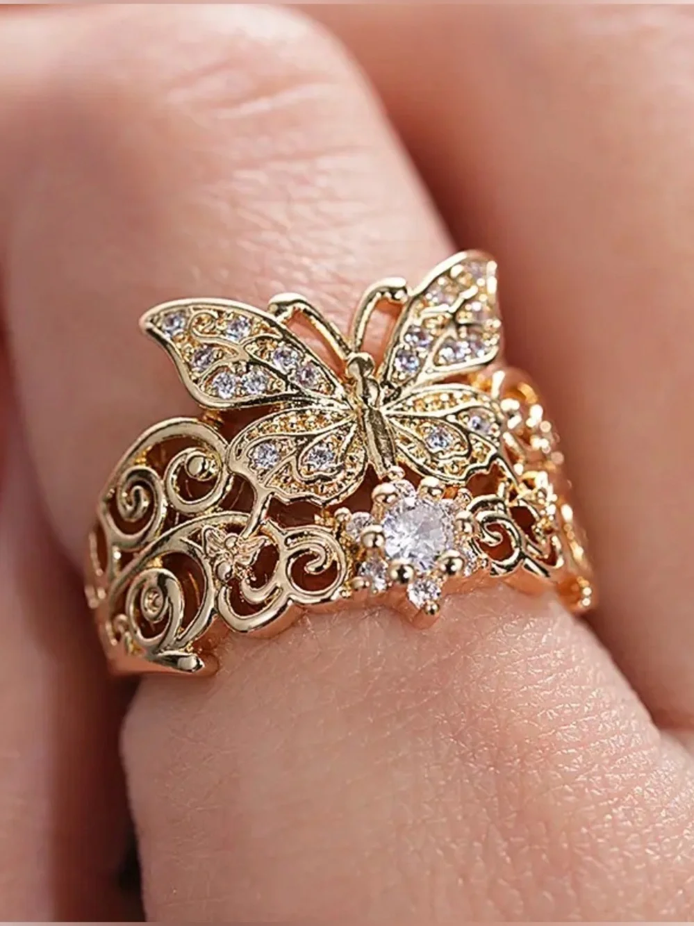 Gold Butterfly Filigree Clear Crystal Ring.